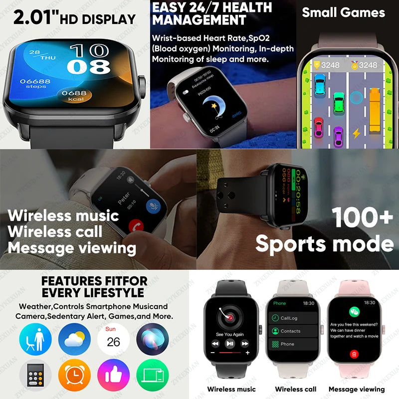 2025New 2.01" Women Smartwatch Bluetooth Call Heart Rate Blood Oxygen Sleep Tracker Sport Smart Watch Women Men for IOS Androird